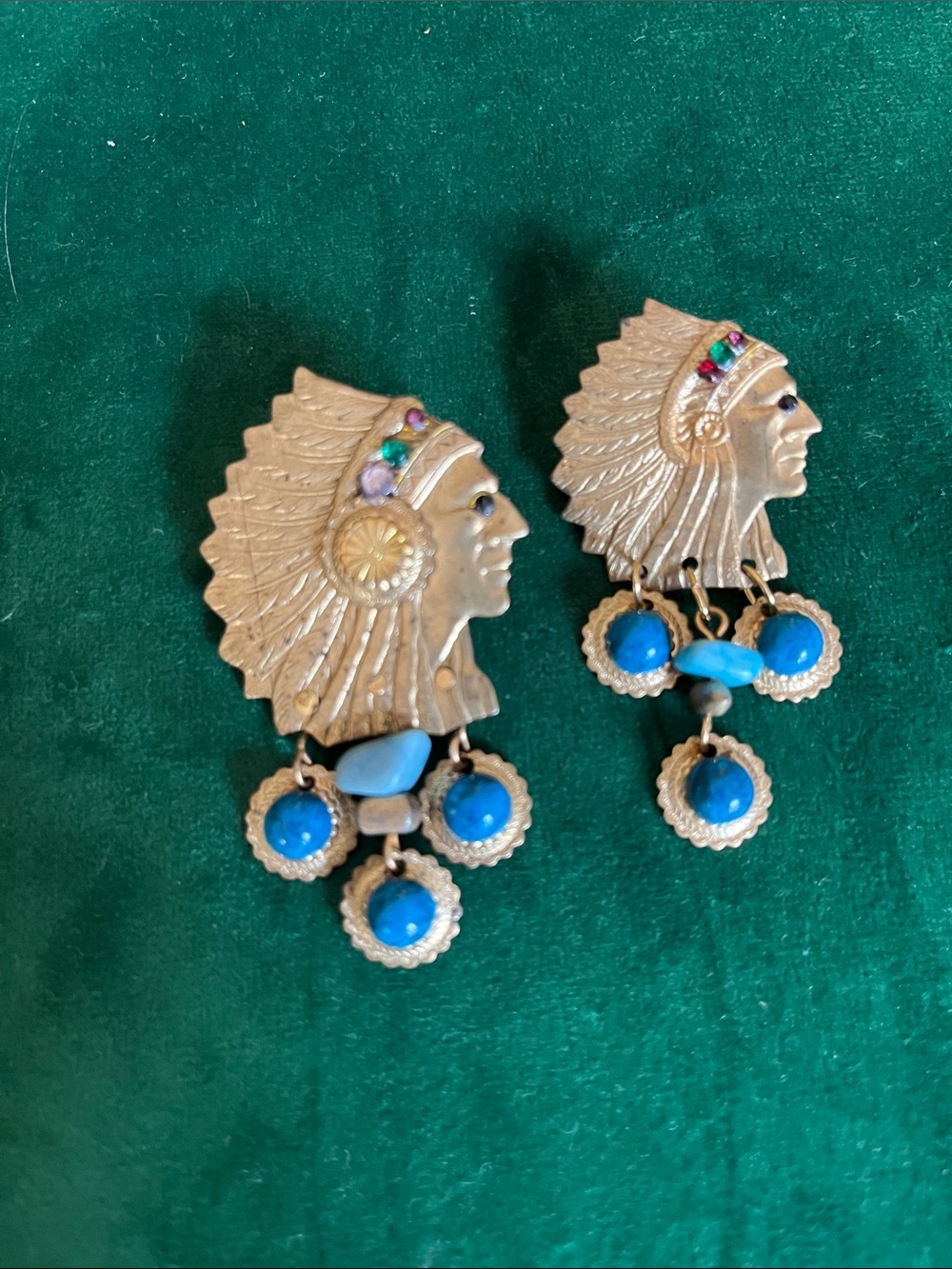 Katrina brass Native Chief Drop Earrings with crystals & gems